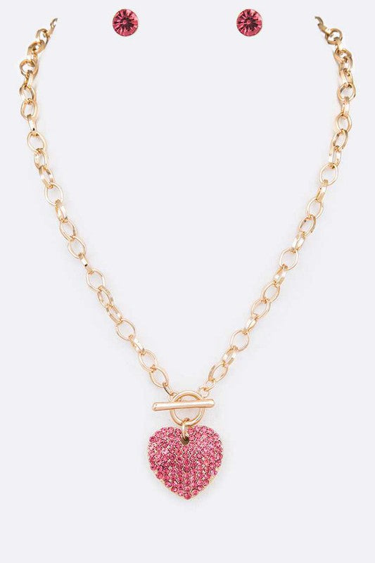 Crystal Heart Pendant Toggle Necklace Set