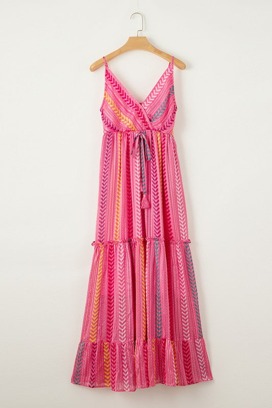 Pink Tribal Tassel Tie V Neck Surplice Maxi Dress