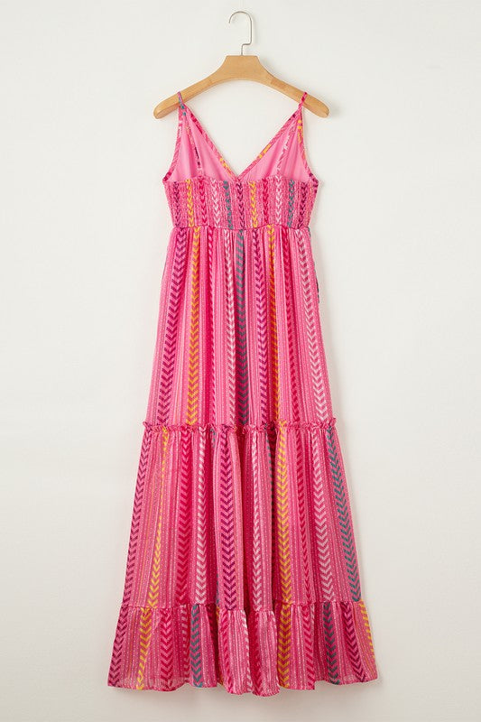 Pink Tribal Tassel Tie V Neck Surplice Maxi Dress