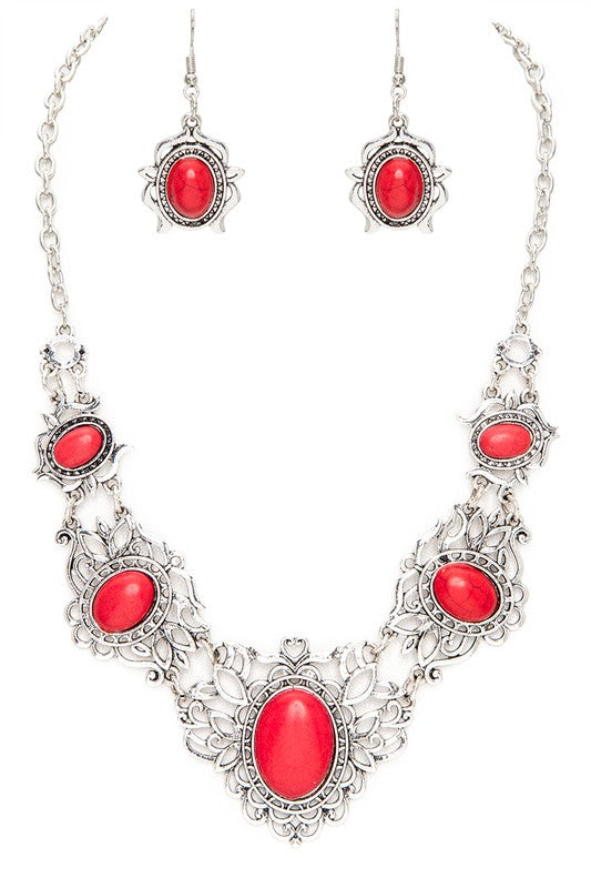 Oval Stone Motif Statement Bib Necklace Set